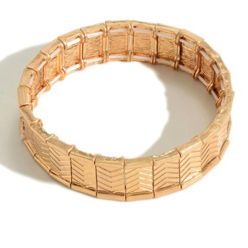Gold Tone Chevron Linked Stretch Bracelet | Metal Stack Bracelet